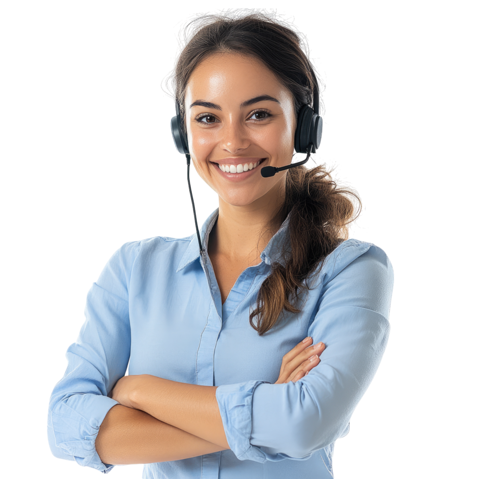 A woman in a blue shirt with a headset is smiling with her arms crossed against a white transparent, alpha png