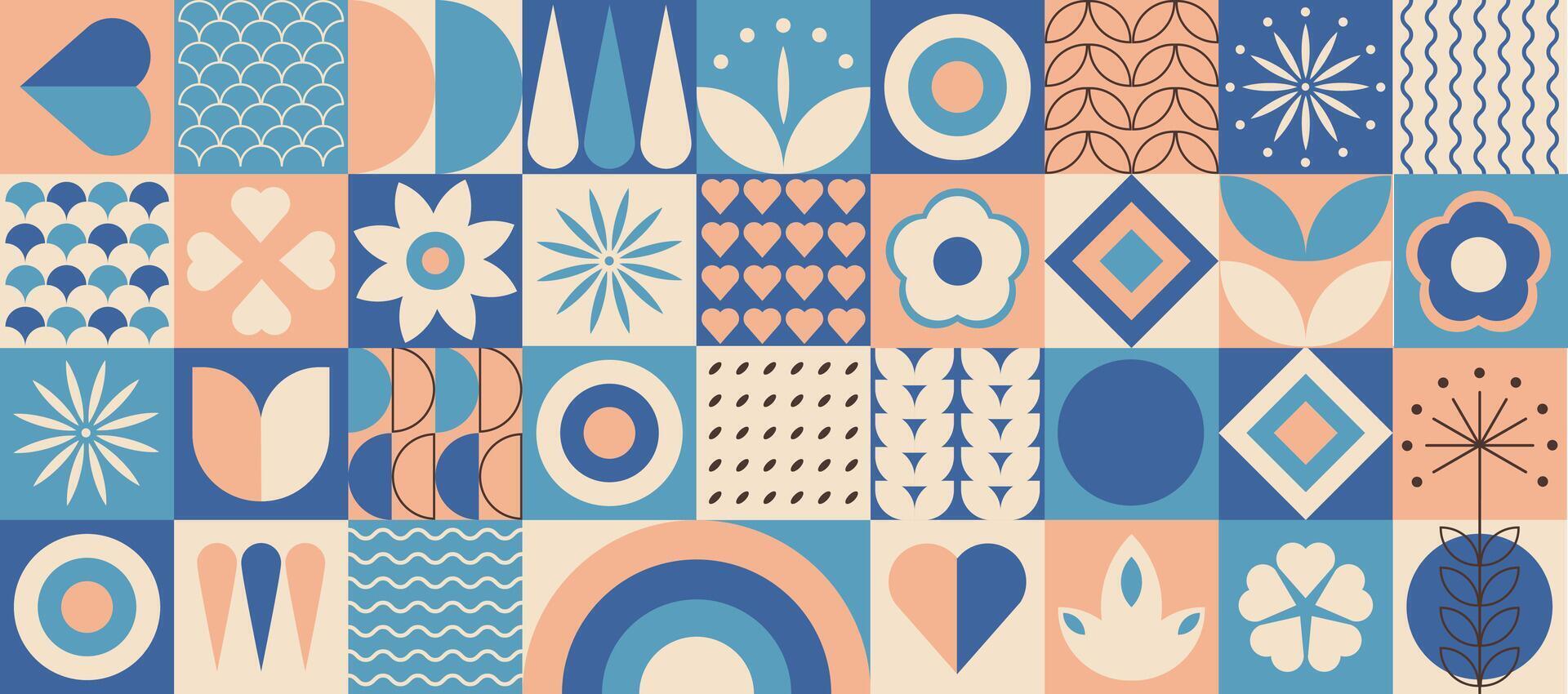 Geometric banner with simple geometric shapes and figures and symbols. Retro banner with forms and flowers. illustration. vector