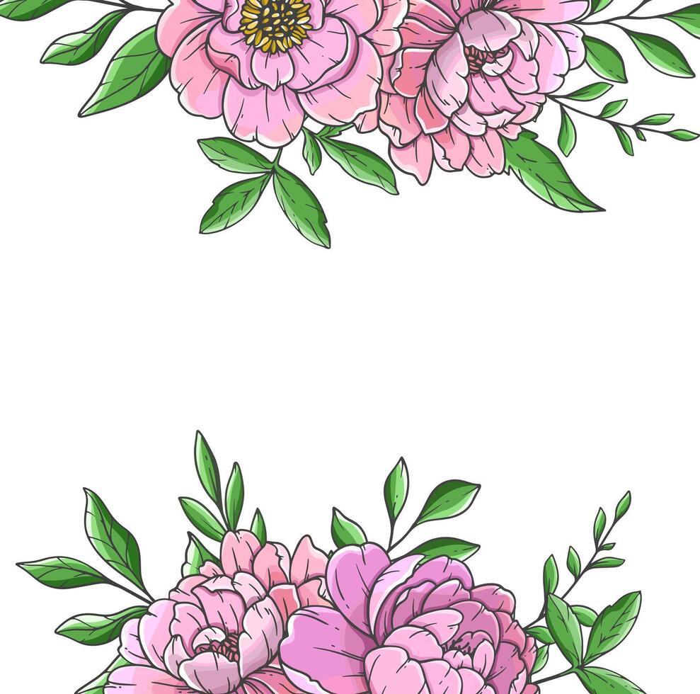 Pink Peony Border Illustration isolated on white. Hand Drawn Peony Bouquets. Floral Line Art. Flower Design Template. Hand Drawn flowers. Peony Wedding invitation flowers vector