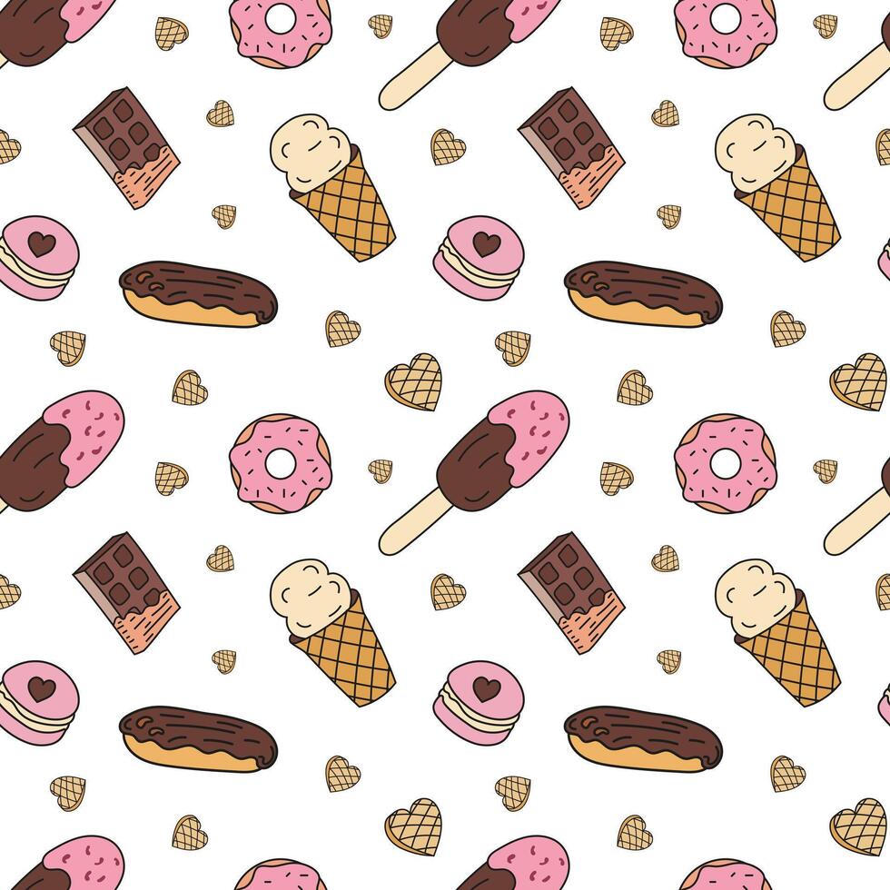 Sweets doodle Seamless pattern with chocolate eclairs, donuts, macarons, ice cream. patterns endless. Color sample pattern for wallpaper, fabric, packaging, background. vector