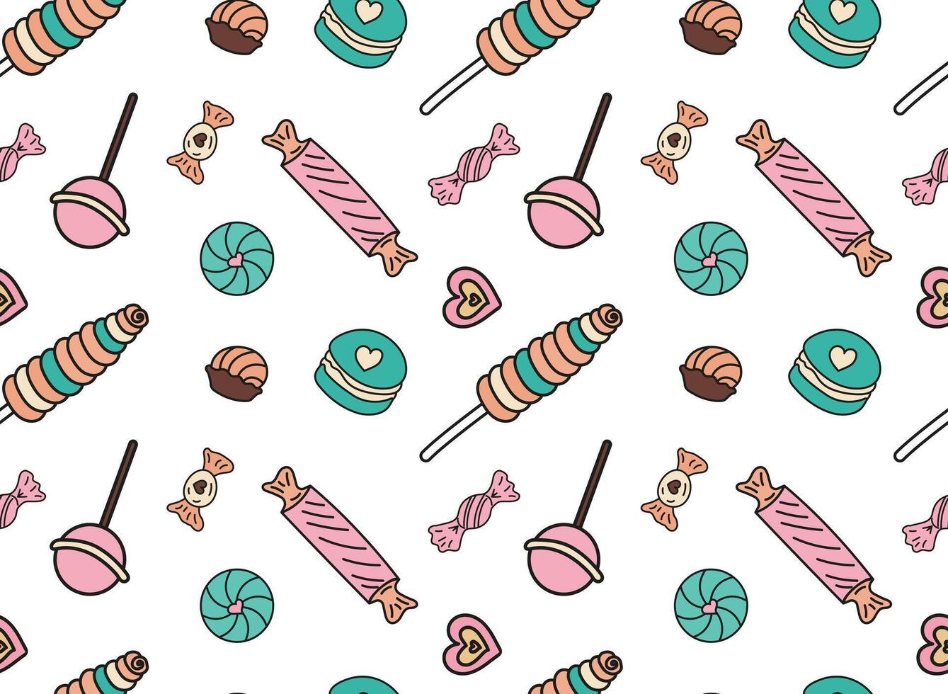 Sweets different candies doodle Seamless pattern with caramel on stick, wrapped candies, lollipop. patterns endless. Color sample pattern for wallpaper, fabric, packaging, background. vector