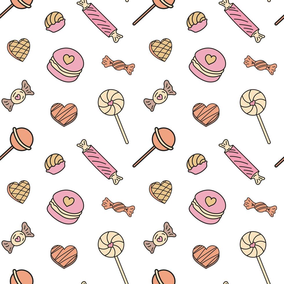 Sweets different candies doodle Seamless pattern with caramel on stick, wrapped candies, lollipop. patterns endless. Color sample pattern for wallpaper, fabric, packaging, background. vector