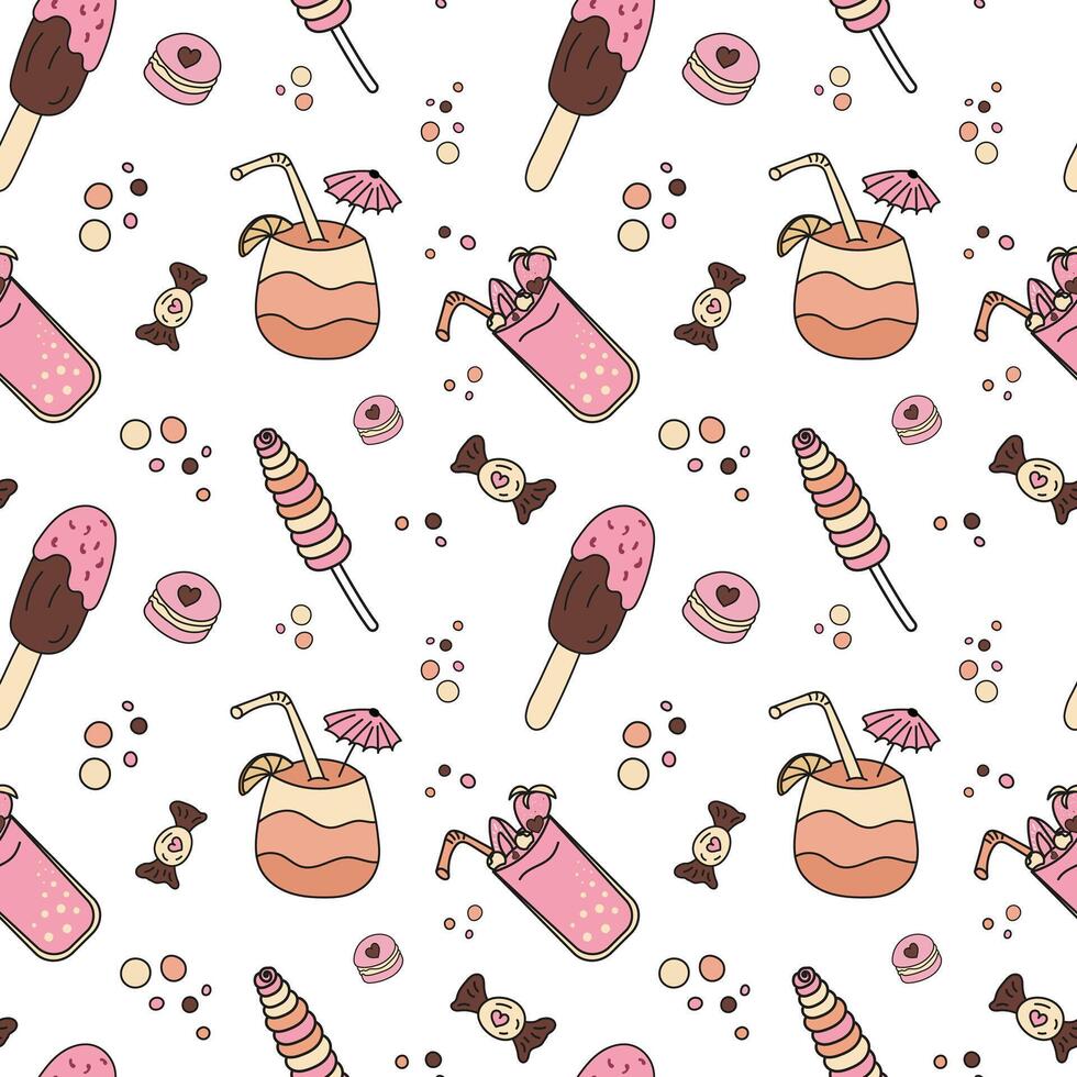 Sweets doodle Seamless pattern with ice cream, cake, tropic cocktail, macaroons, sundae, popsicle. Color sample pattern for wallpaper, fabric, packaging, background vector