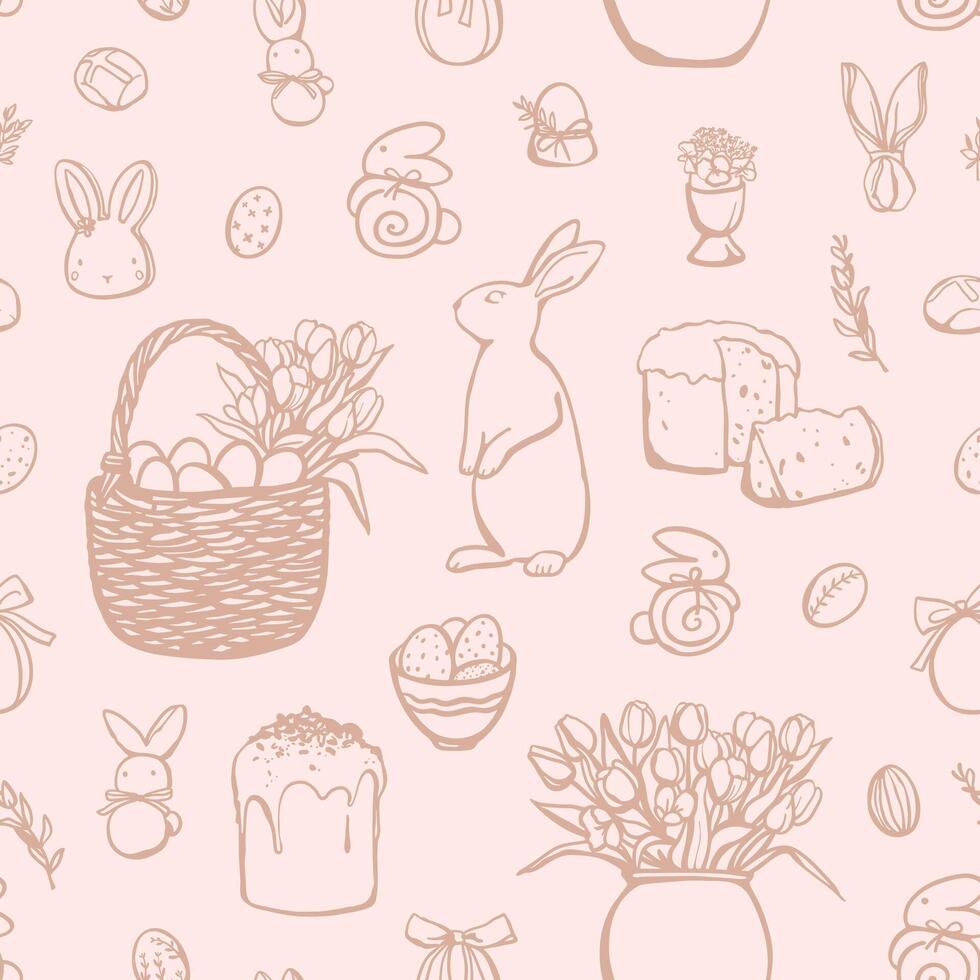 Seamless pattern with Easter elements in pastel pink colors. Monochrome holidays design for textile, fabric, wrapping paper vector