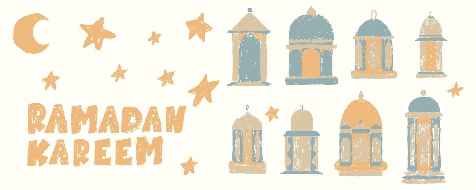 This Ramadan themed illustration features vintage lanterns, a crescent moon, and stars, symbolizing spirituality, Noor, and celebration. The earthy beige and muted blue tones create a warm vector
