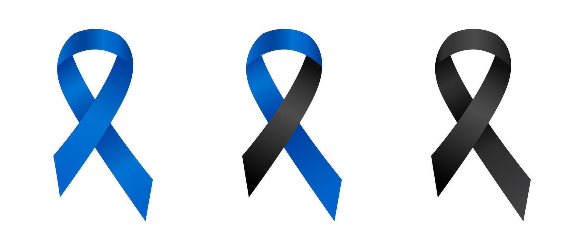 Set of tree blue and black ribbon awareness Arthritis, Hydrocephaly, Education, Colon Cancer, Ocular Melanoma, Memorials, Skin Cancer. Isolated on white background. illustration. vector