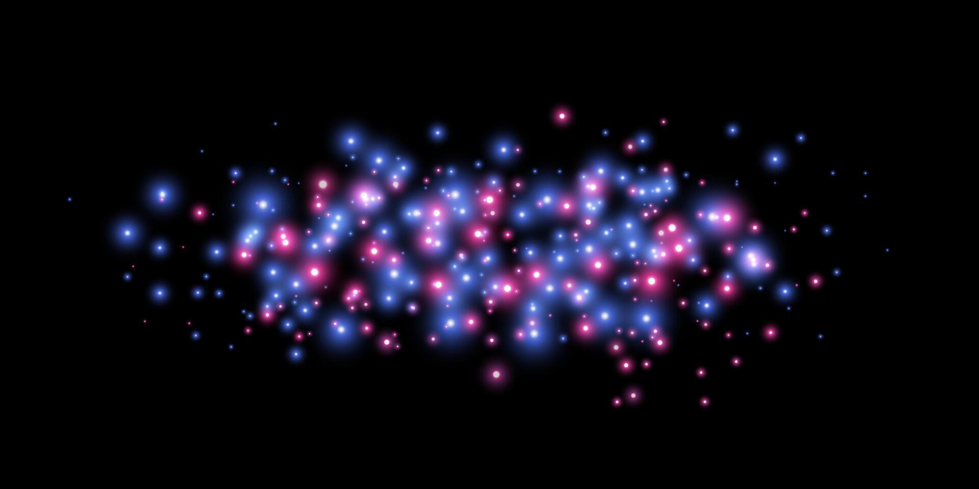 Blue and pink magic sparks and dust stars. Blue glow flare light effect. particles on black background. vector
