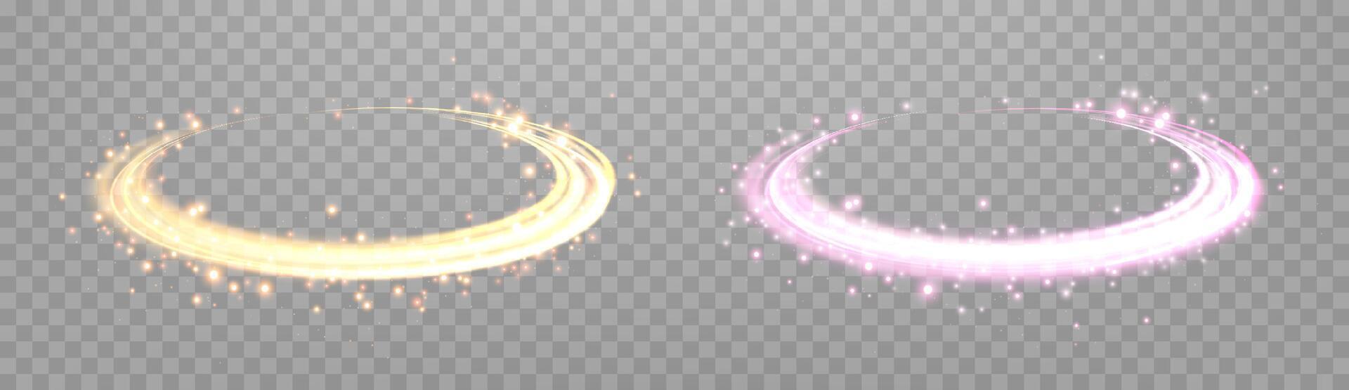 Glowing magic rings. Neon realistic energy flare rings with sparkling particles. Abstract light effect vector