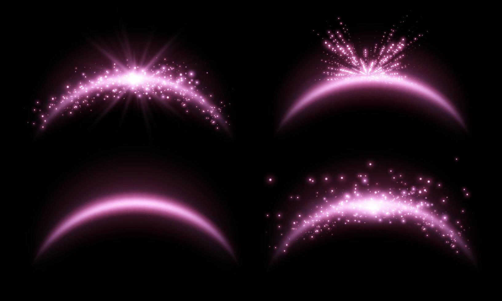 Pink magic arches set with glowing particles, silver sunlight lens flare. Neon realistic energy flare arch. Abstract light effect on a black background. illustration. vector
