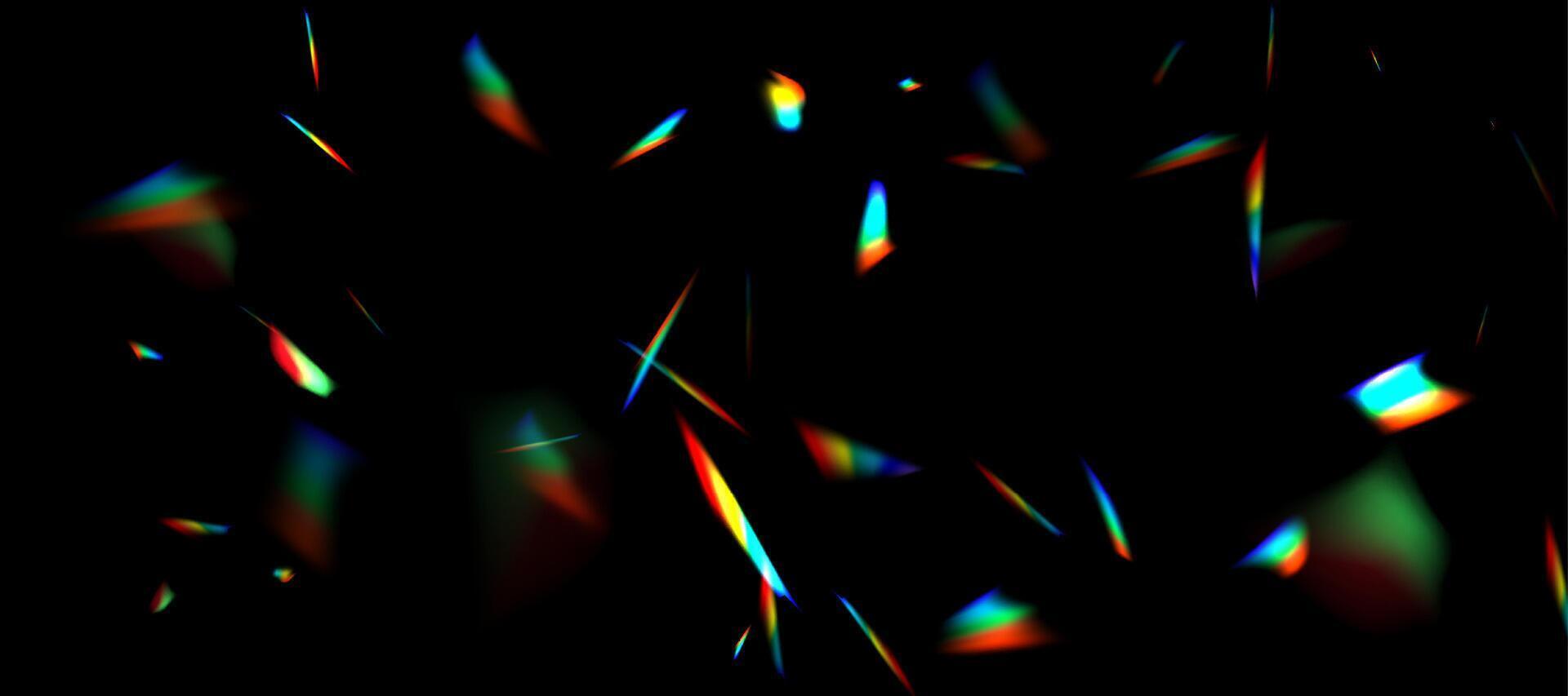 Blurred rainbow refraction overlay effect. Light lens prism effect on black background. Holographic reflection, crystal flare leak shadow overlay. abstract illustration. vector