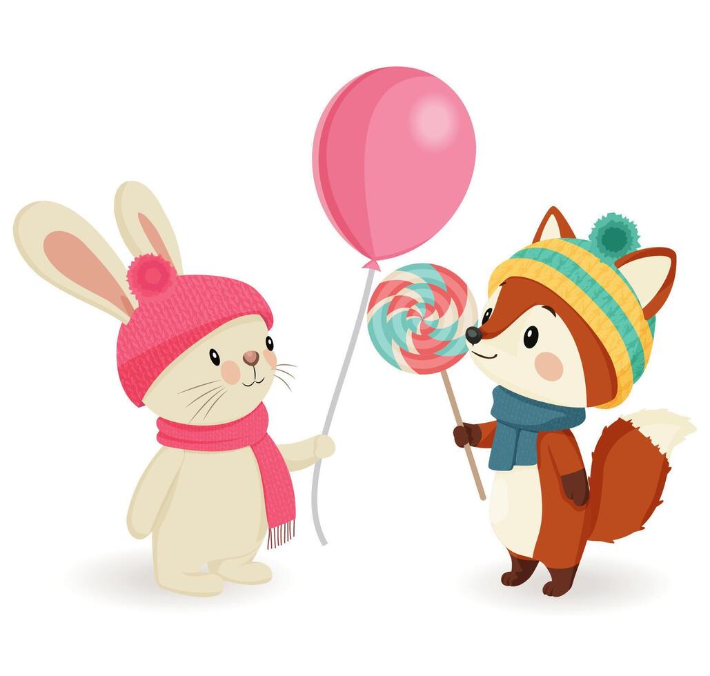 Very cute bunny and fox in knitted hats vector