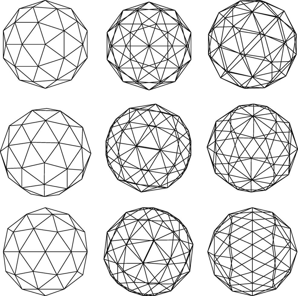 Set of Geometric Wireframe Spheres in Grid vector