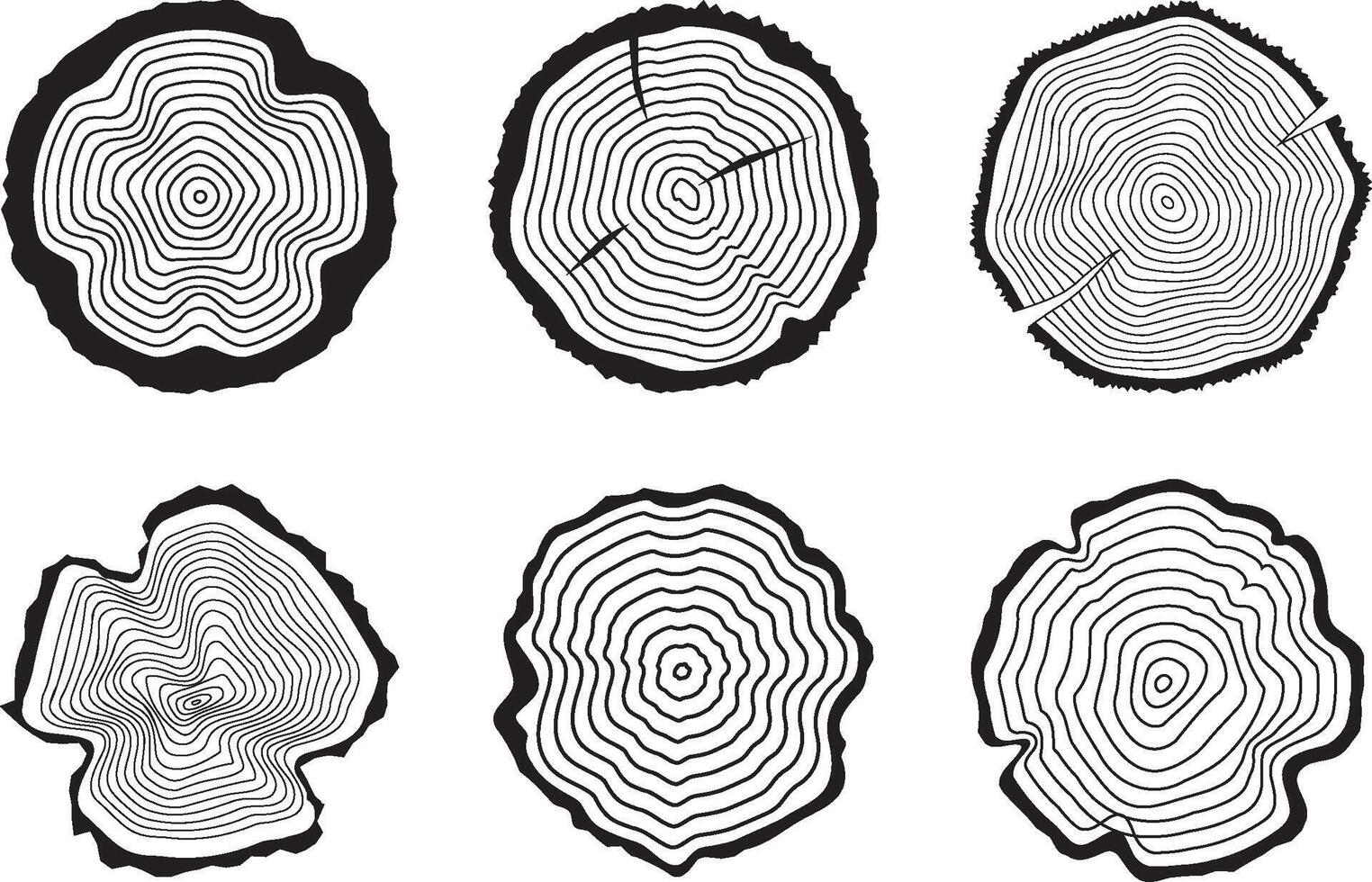 Tree Rings Silhouette Bundle, Wood Log Cross Section, Growth Rings Outline, Natural Timber Pattern, Rustic Tree Trunk Design vector