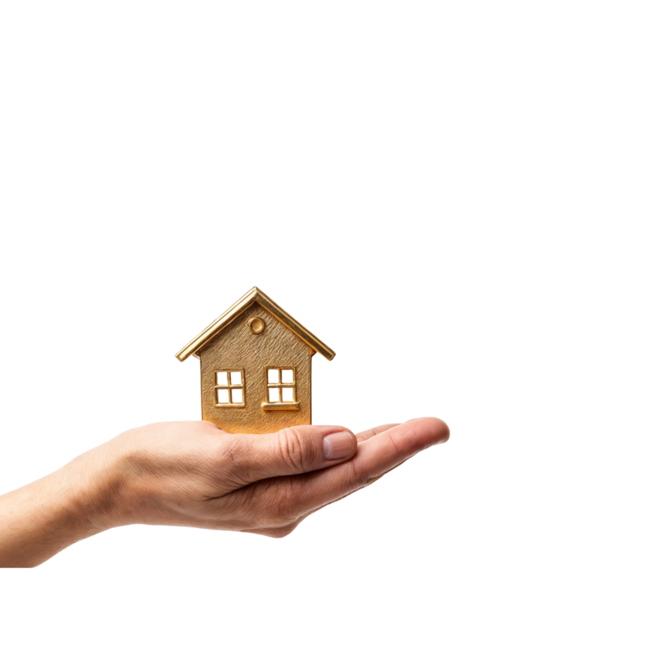 golden house model in hand on transparent background png