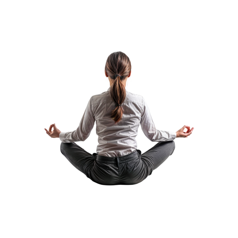 A woman in a business suit meditating in a lotus position png