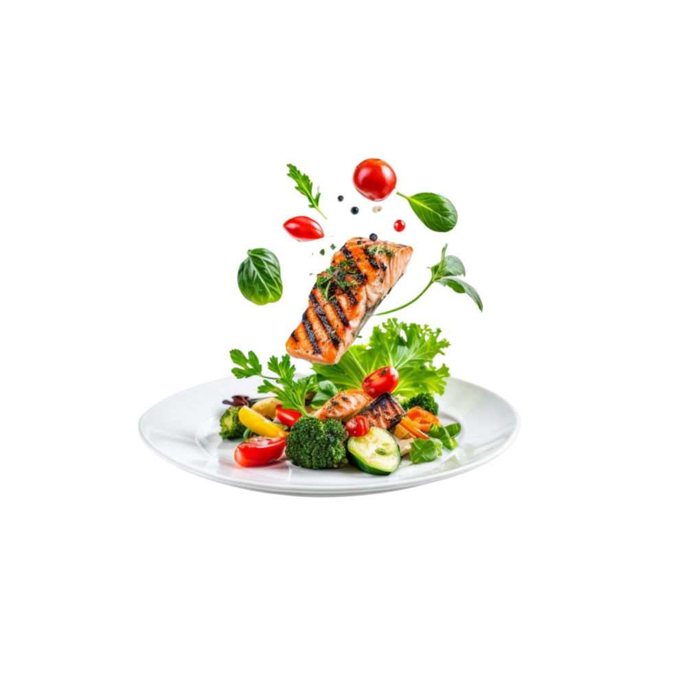 salmon and vegetables on a plate with a piece of fish png