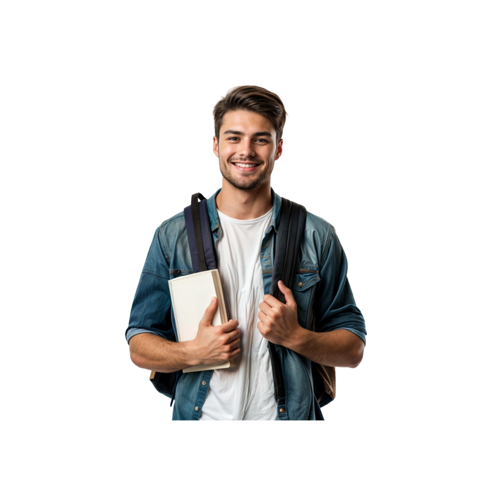 A smiling young man with a backpack and books png