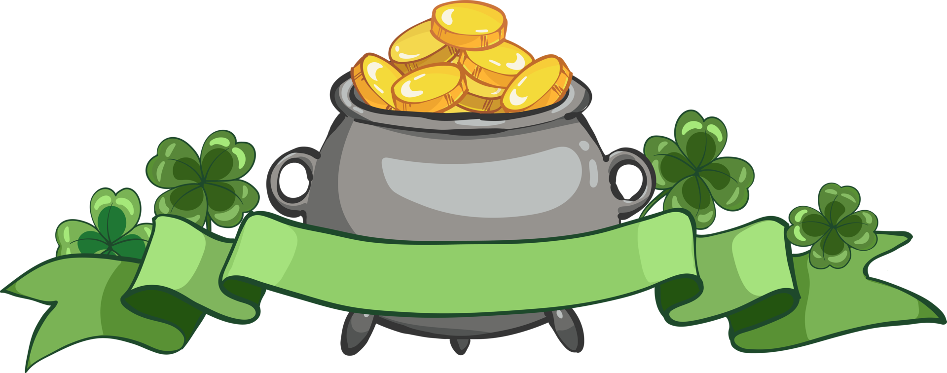 Pot of gold coins and shamrock clover leaf png