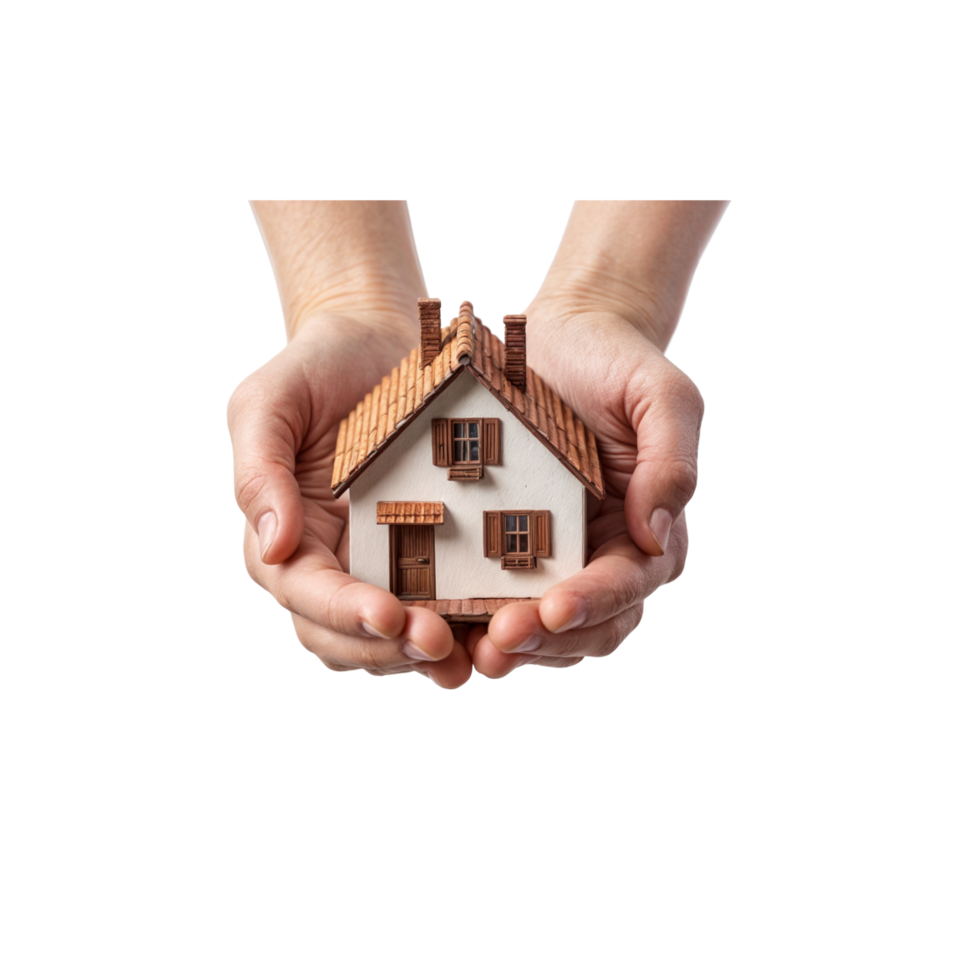 A person holds a small white model house with windows and a door in their hands, symbolizing home ownership and real estate investment. png