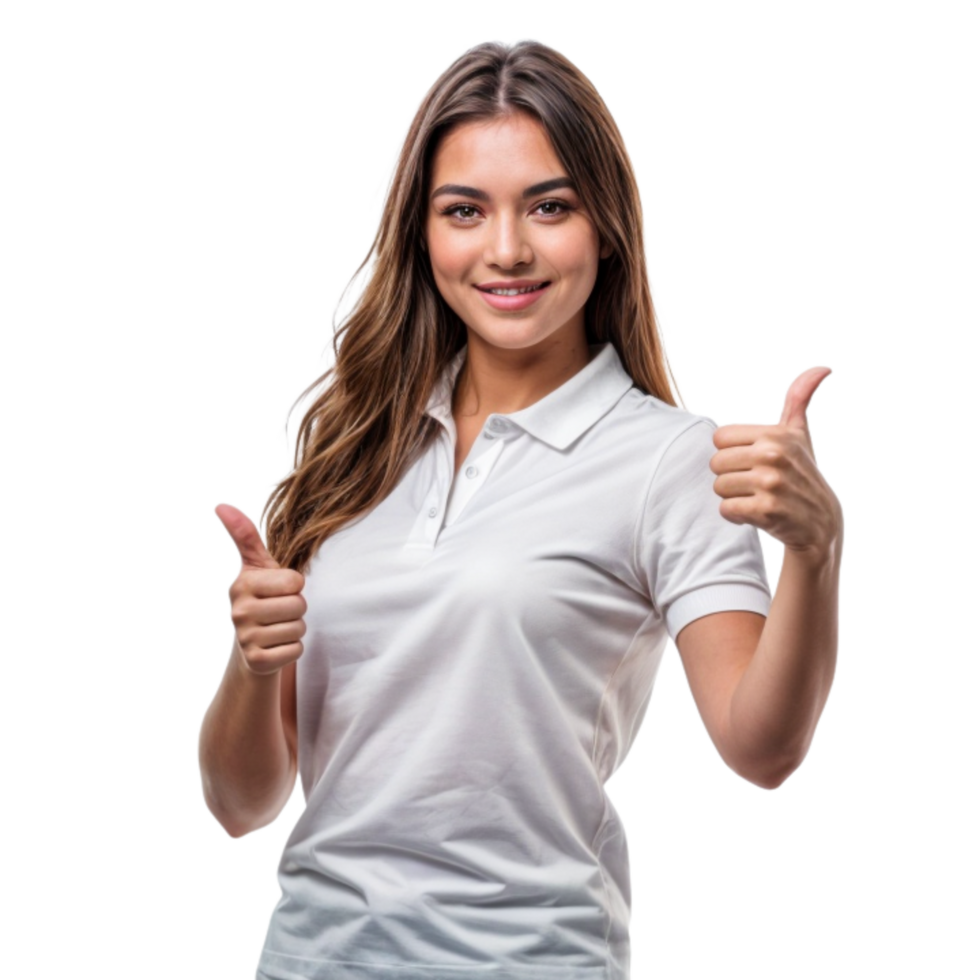 a woman in a white polo shirt showing thumbs up png