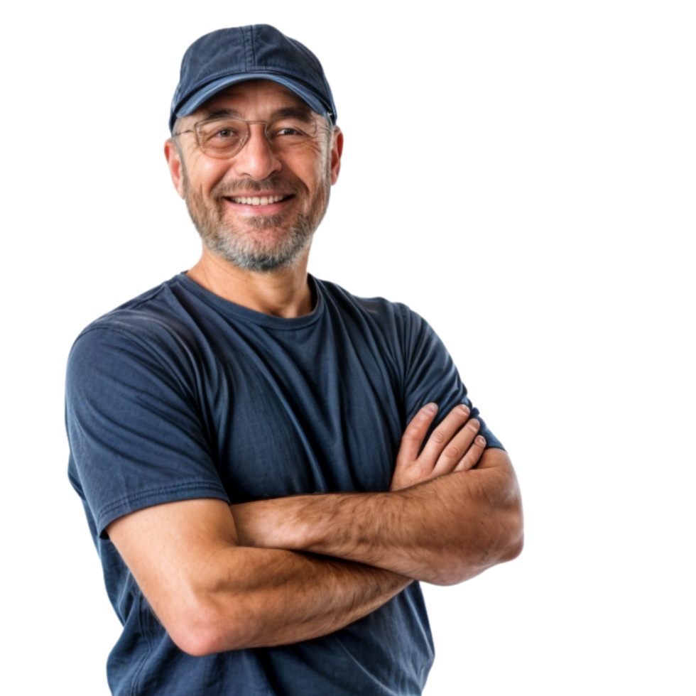 a smiling man in a blue shirt and cap png