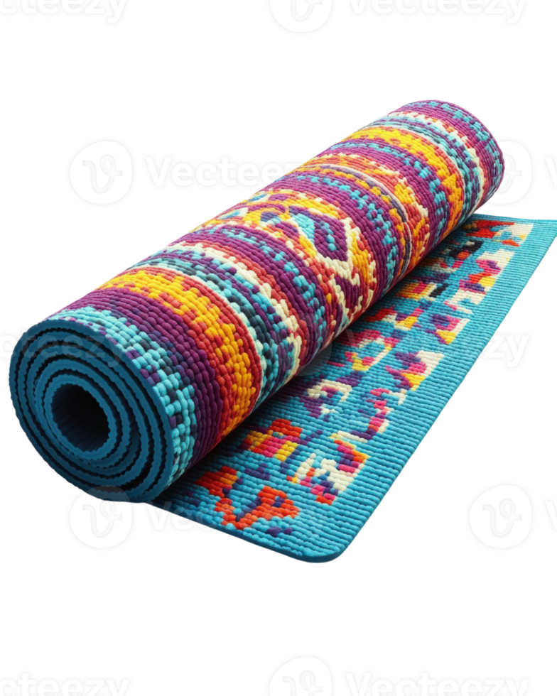 Vibrant Rolled-Up Multicolored Woven Mat with Intricate Ethnic Pattern Design for Home Decor png