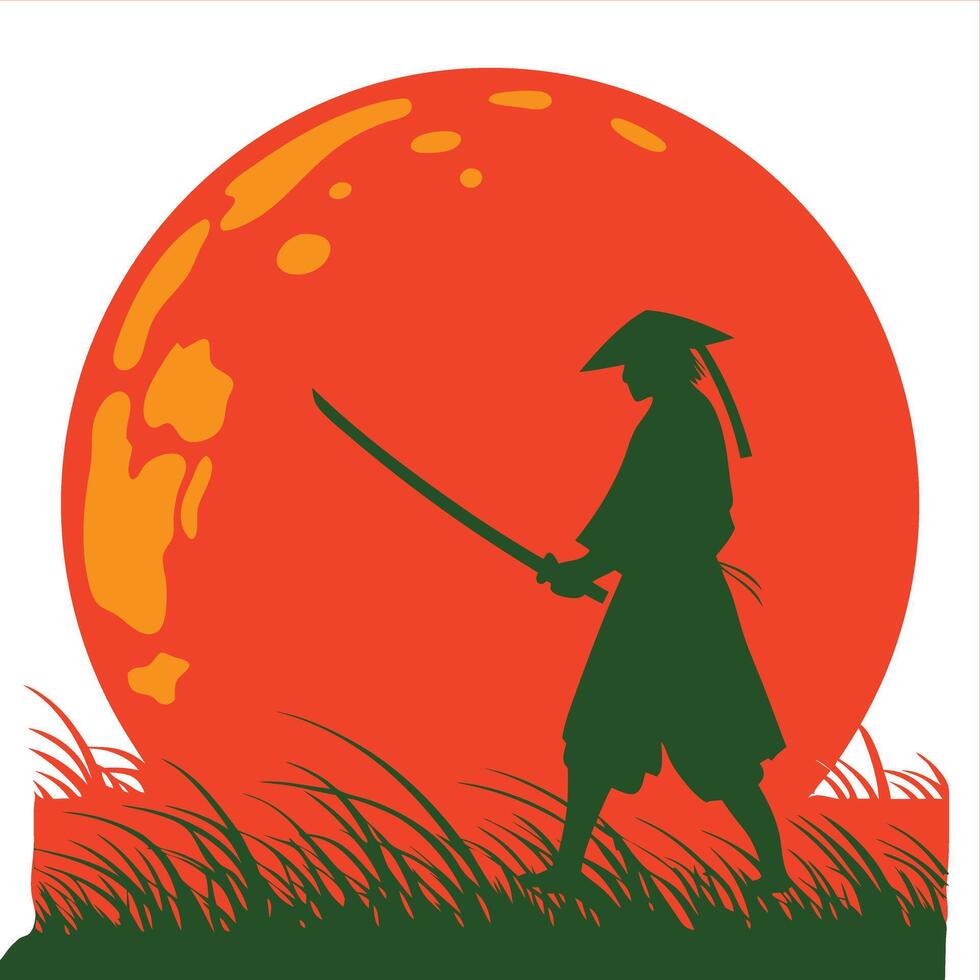 A samurai silhouette stands tall, sword in hand, amidst a vast field of grass. vector