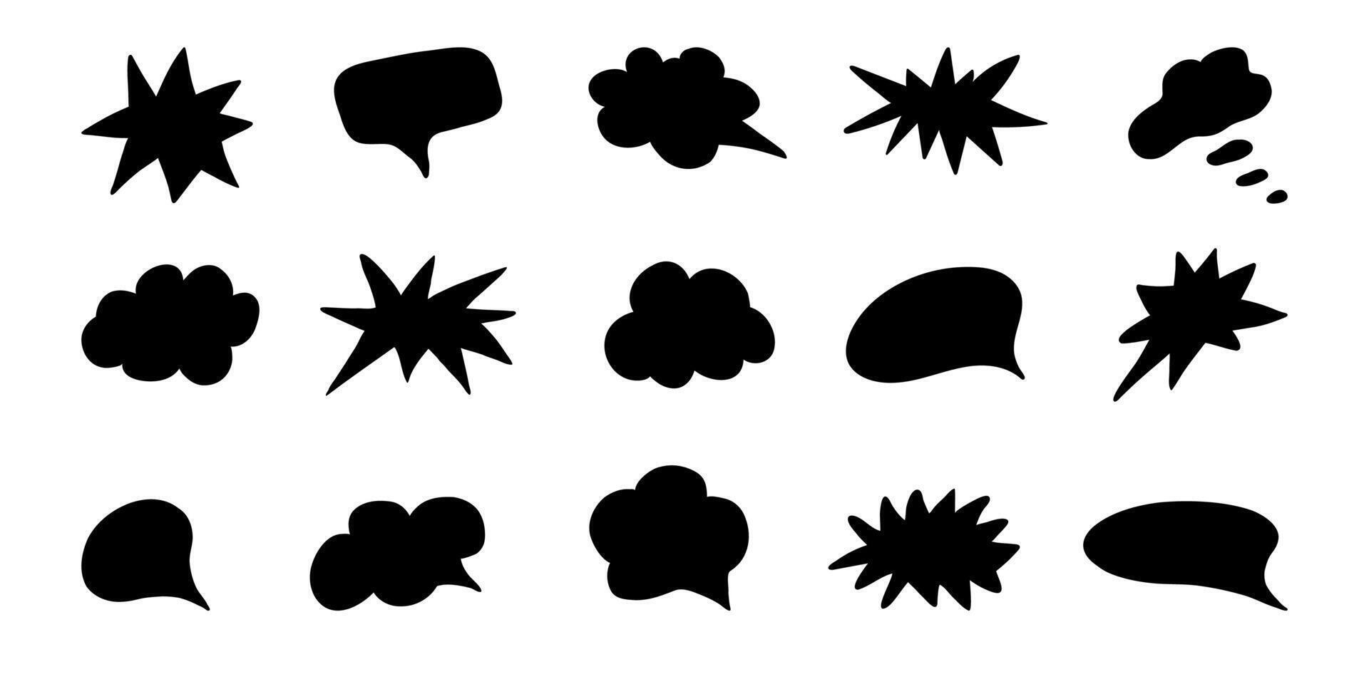 Comic boom elements, and speech bubbles in black silhouettes. Ideal for comic designs, pop art, and retro style illustrations. Comic burst explosion hand drawn vector