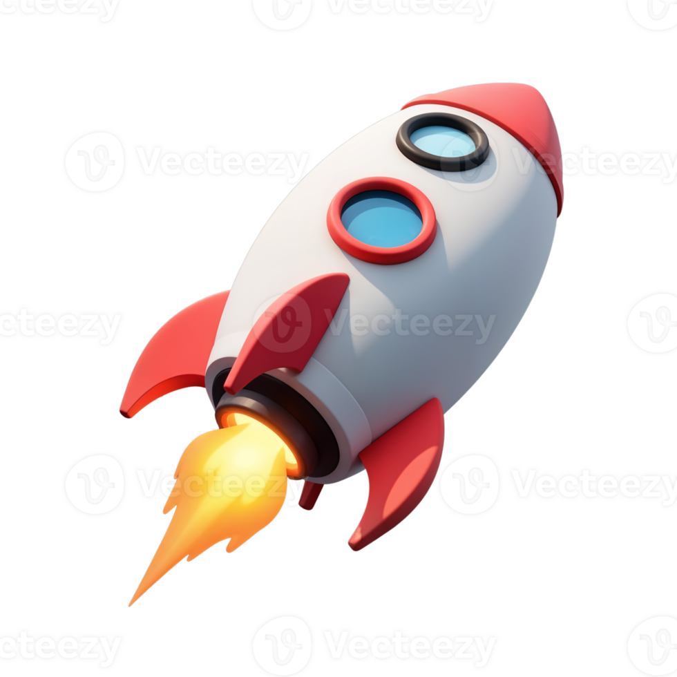 Rocket launching with bright flames in a digital art style png