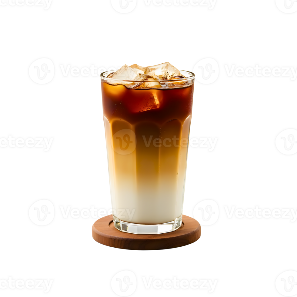 Iced coffee with milk layered elegantly in a clear glass png