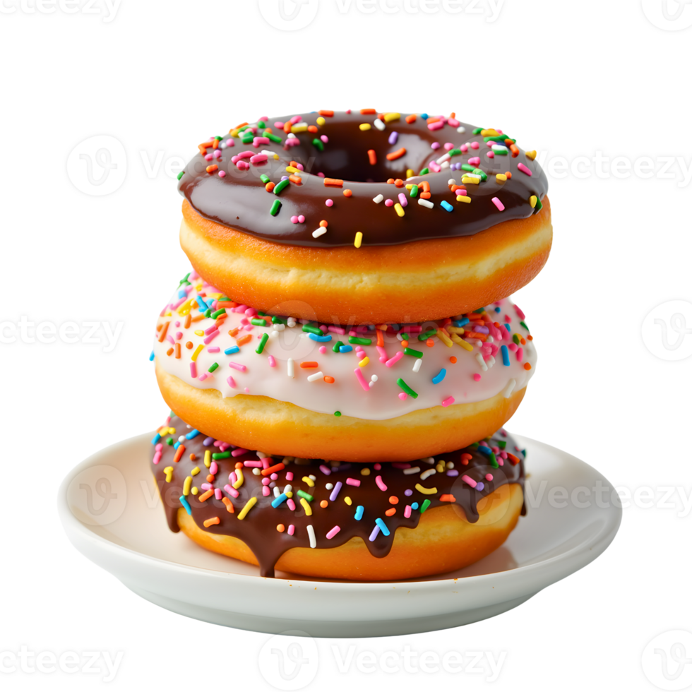 Three Delicious Donuts with Colorful Sprinkles on Top png