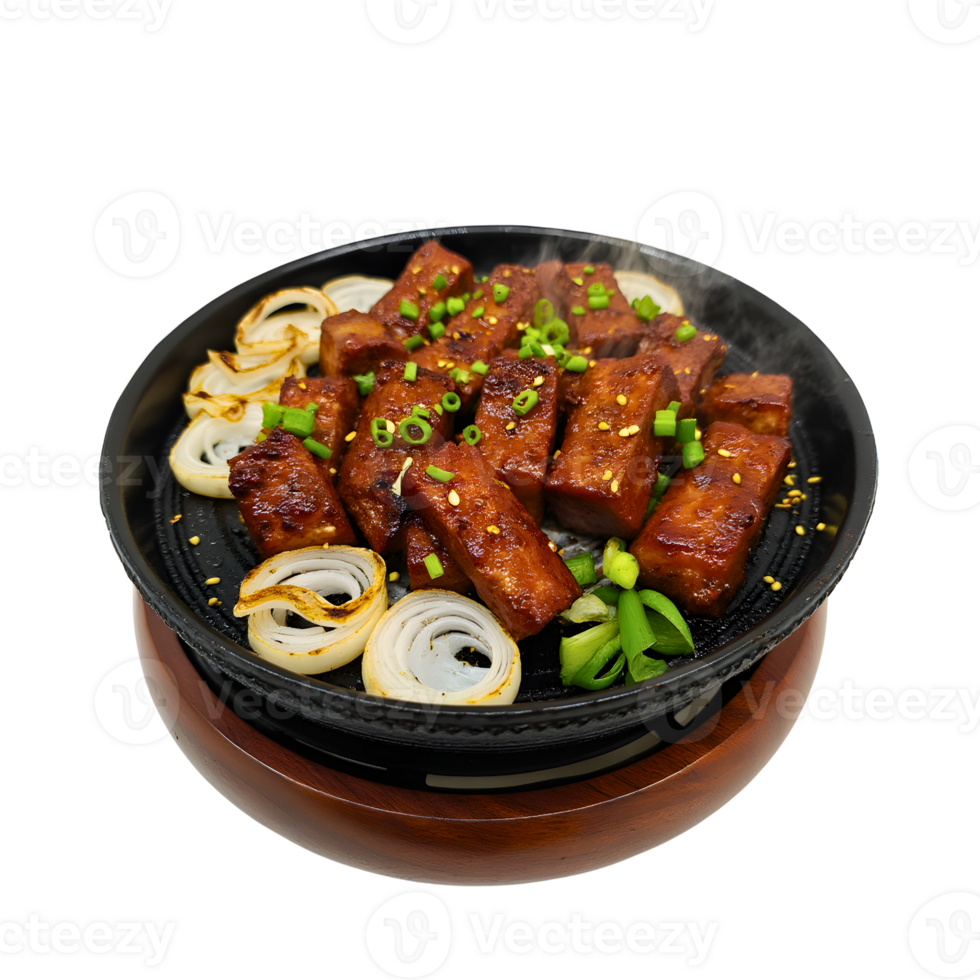 Succulent Grilled Pork with Green Onions on Hot Plate png