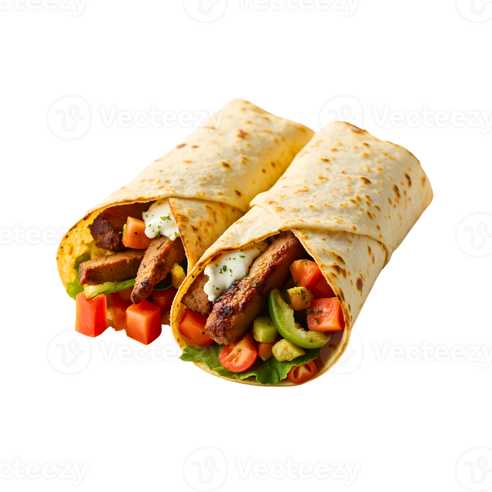 Delicious grilled chicken wrap with fresh vegetables, vibrant colors. png