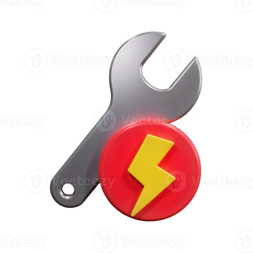 Bright red button and silver wrench illustrate electrical repair tools png