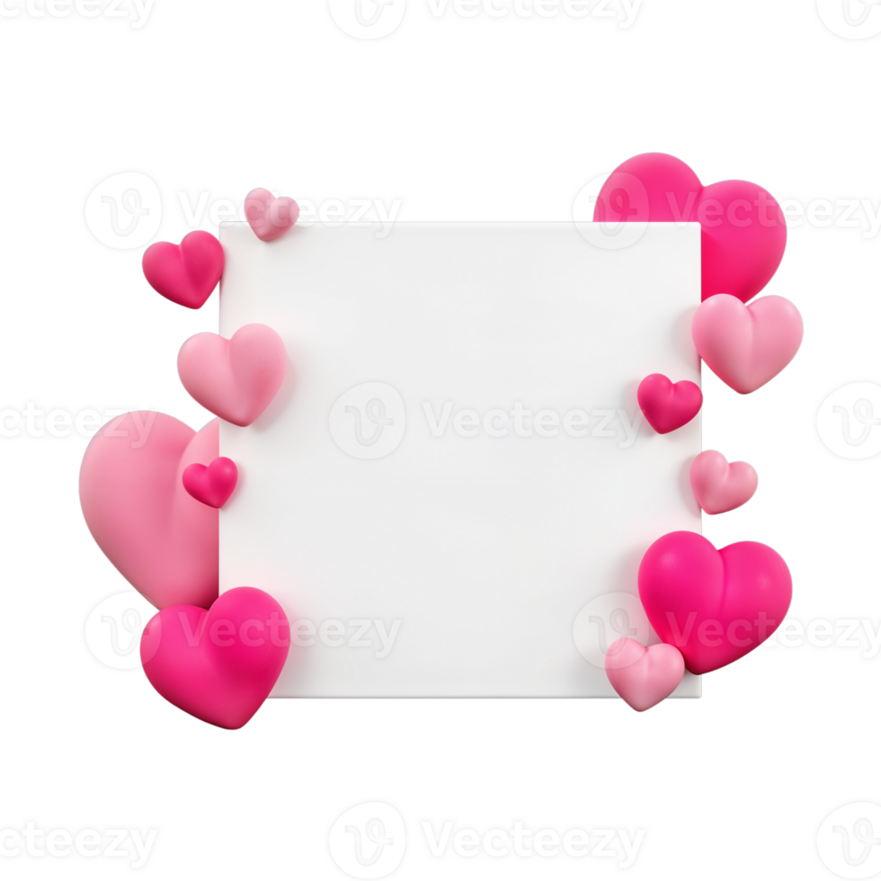 Heart-shaped decorations surround a blank white card for messages png