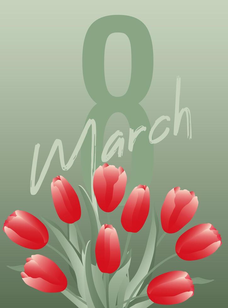 Bouquet of spring flowers tulips on green background. Design for postcards on Womans Day, 8 March. vector