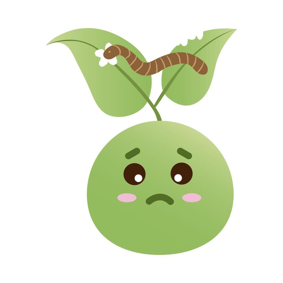 Funny green sprouts faces with sad emotion. Earthworm gnawed through the leaves. Illustration EPS 10. vector