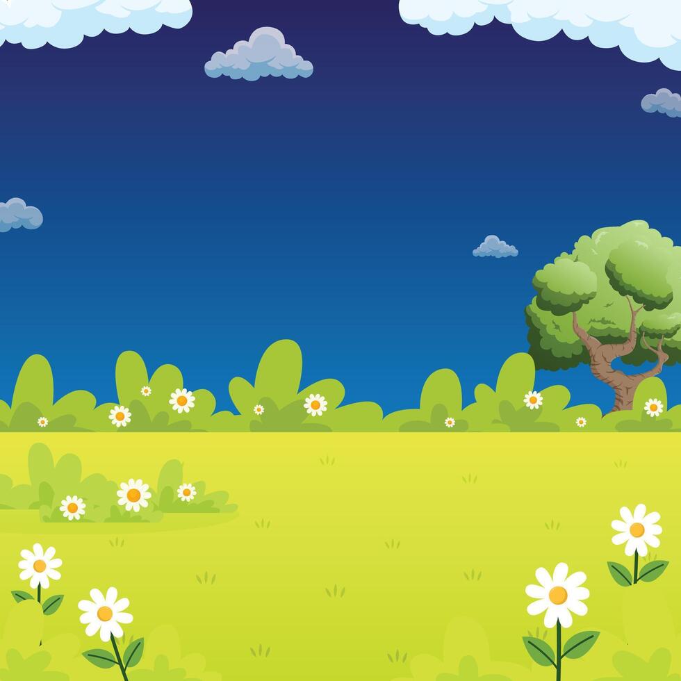 Summer and spring with trees, flowers, and green meadows under a bright sky background illustration design for copy space vector