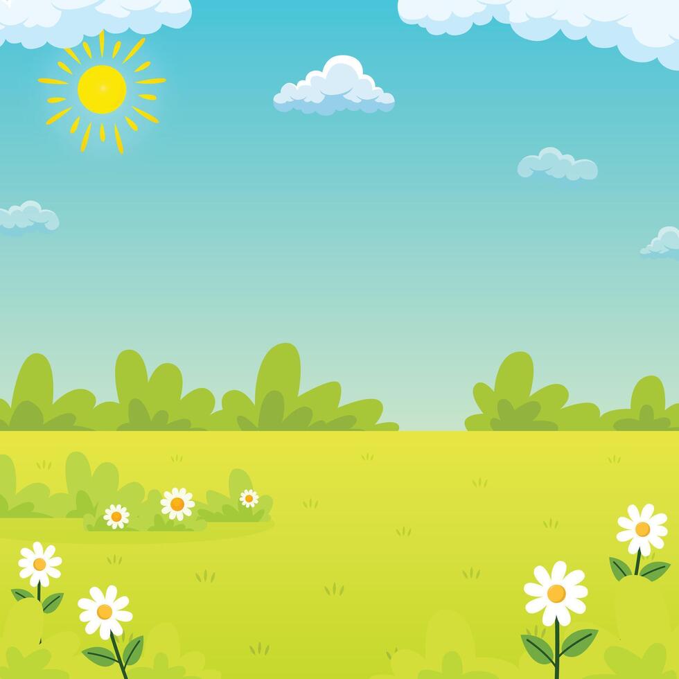 Spring and summer bloom with flowers and grass meadow under sunny skies background illustration design for copy space vector