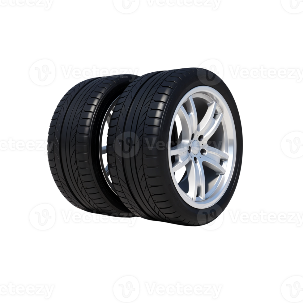 High-performance tires with silver rims stacked for display in an automotive store png