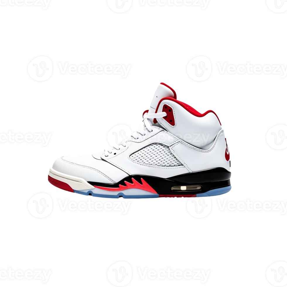 Classic retro basketball sneakers in white, red, and black colorway png