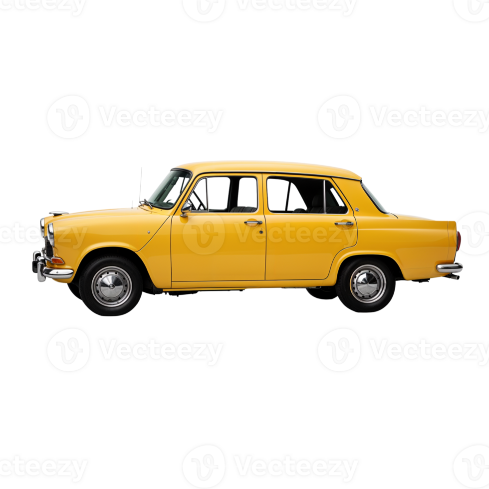 Vintage yellow car parked on a street with a classic design and nostalgic appeal perfect for photography or thematic representation png