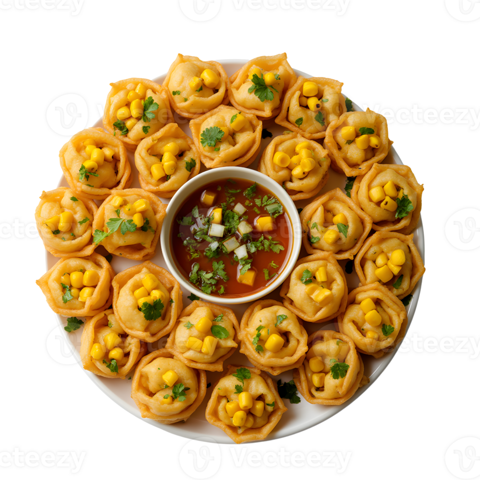 Delicious corn-filled snacks served with tangy dip on a white platter png