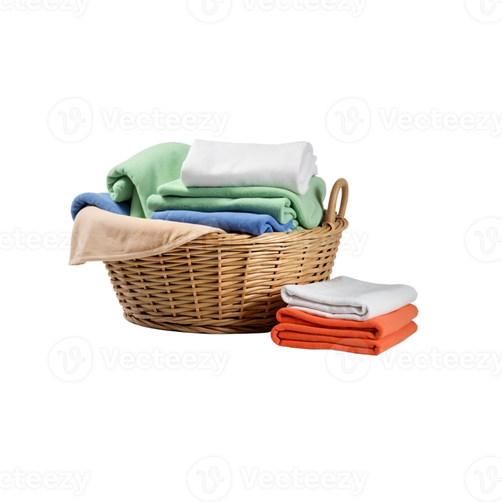 Woven basket filled with freshly folded towels in various colors on a clean surface png