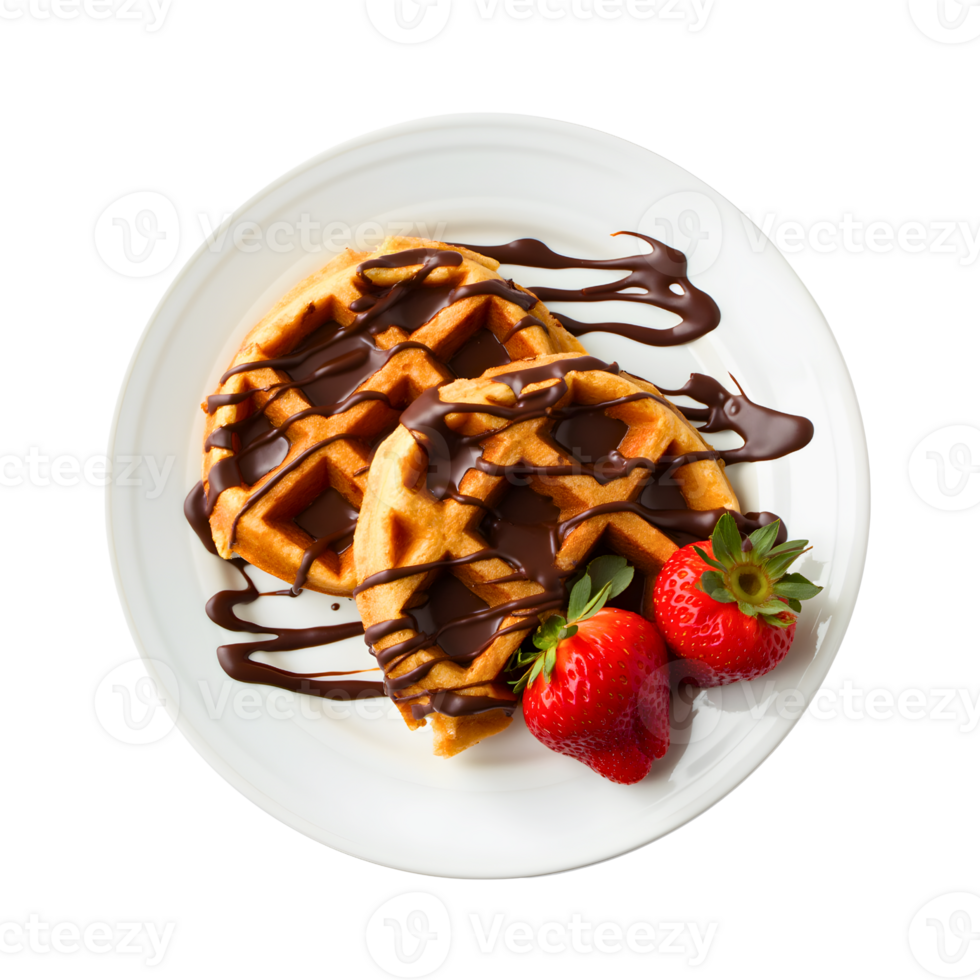 Crispy waffles topped with chocolate drizzle and juicy strawberries. png