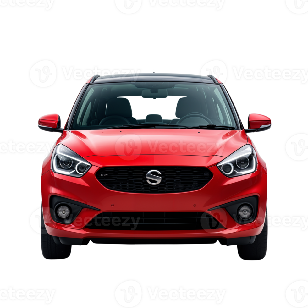 Red compact car displayed in studio showcasing modern design and sleek front features png