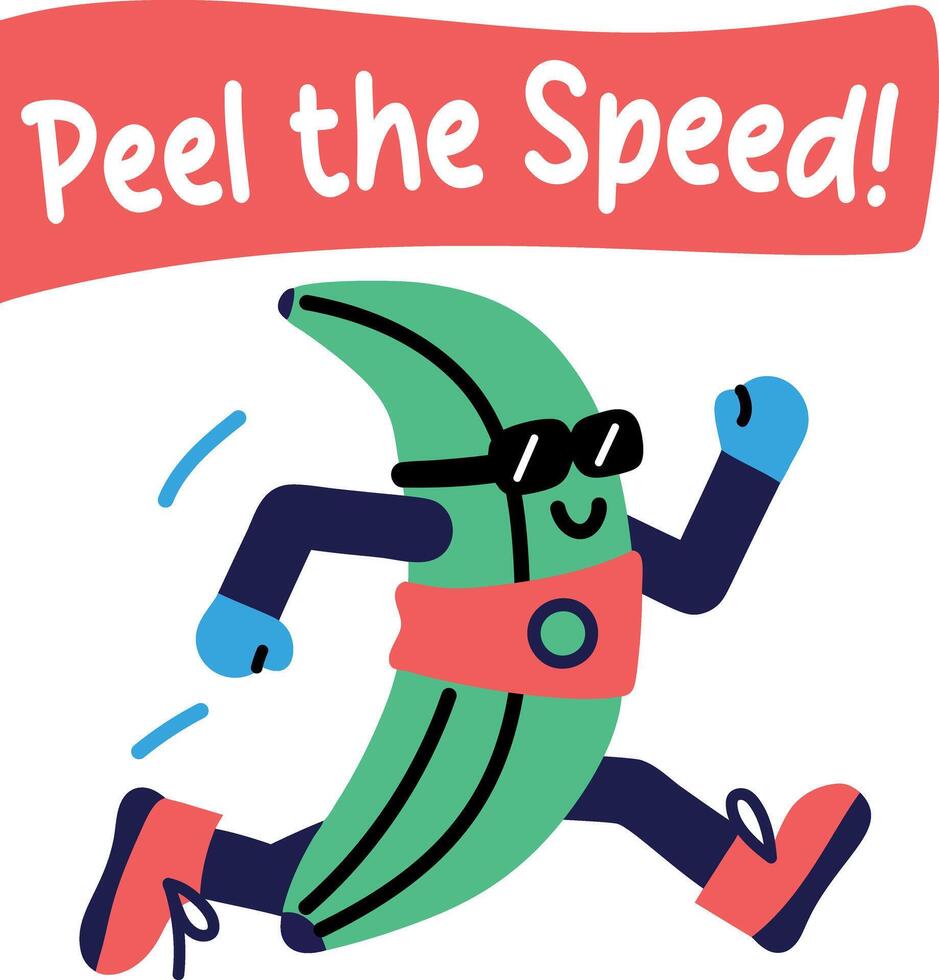 A cartoon style sticker of running banana with peel the speed typography vector