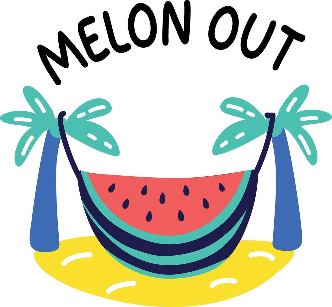 A flat sticker of beach hammock with melon out typography vector