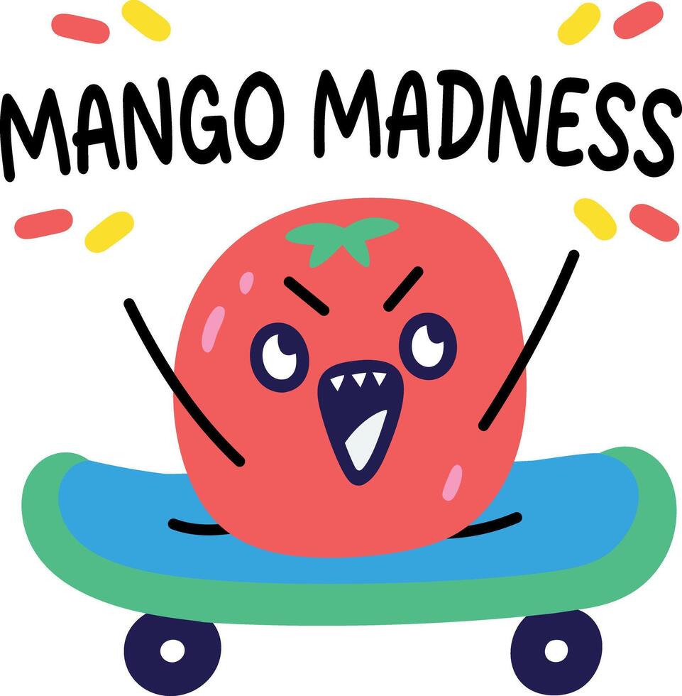A cartoon style sticker of skating fruit with mango madness typography vector