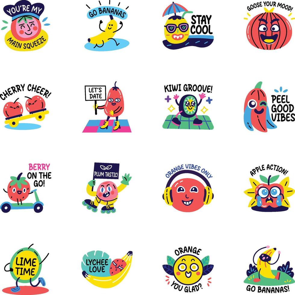 Bundle of Cartoon Style Funny Fruit Stickers vector